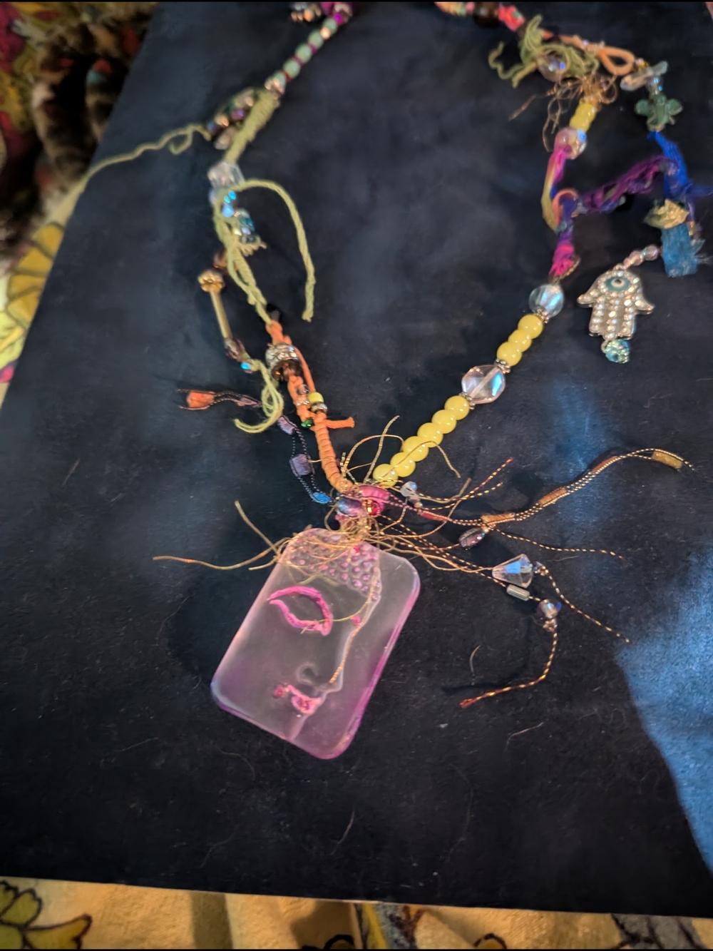 Bohemian Pink Buddha Glass Pendant Necklace with Multicolor Beads - Picture 6 of 10